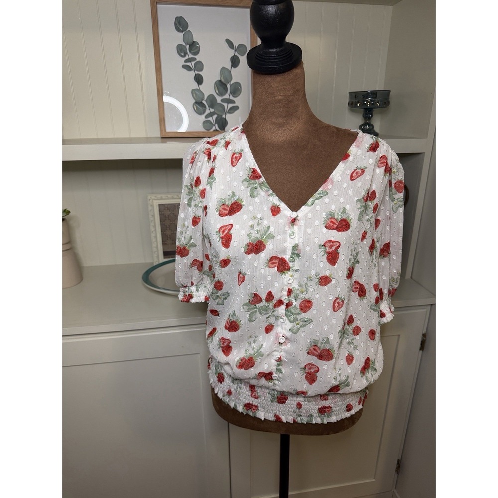 Joie Women's White Strawberry Floral V-Neck Button Puff Sleeve Smocked Blouse S - Picture 5 of 5